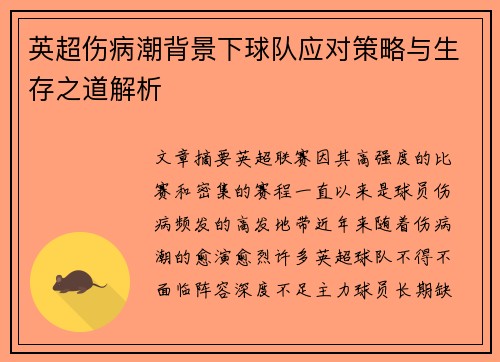 英超伤病潮背景下球队应对策略与生存之道解析